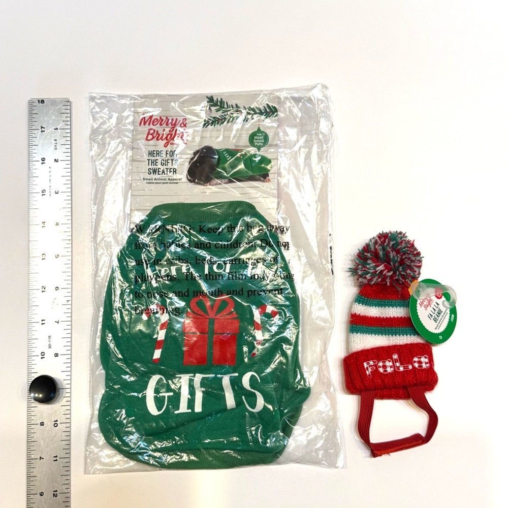 Merry & Bright Guinea Pig Here For The Gifts sweater and Fa La La beanie.